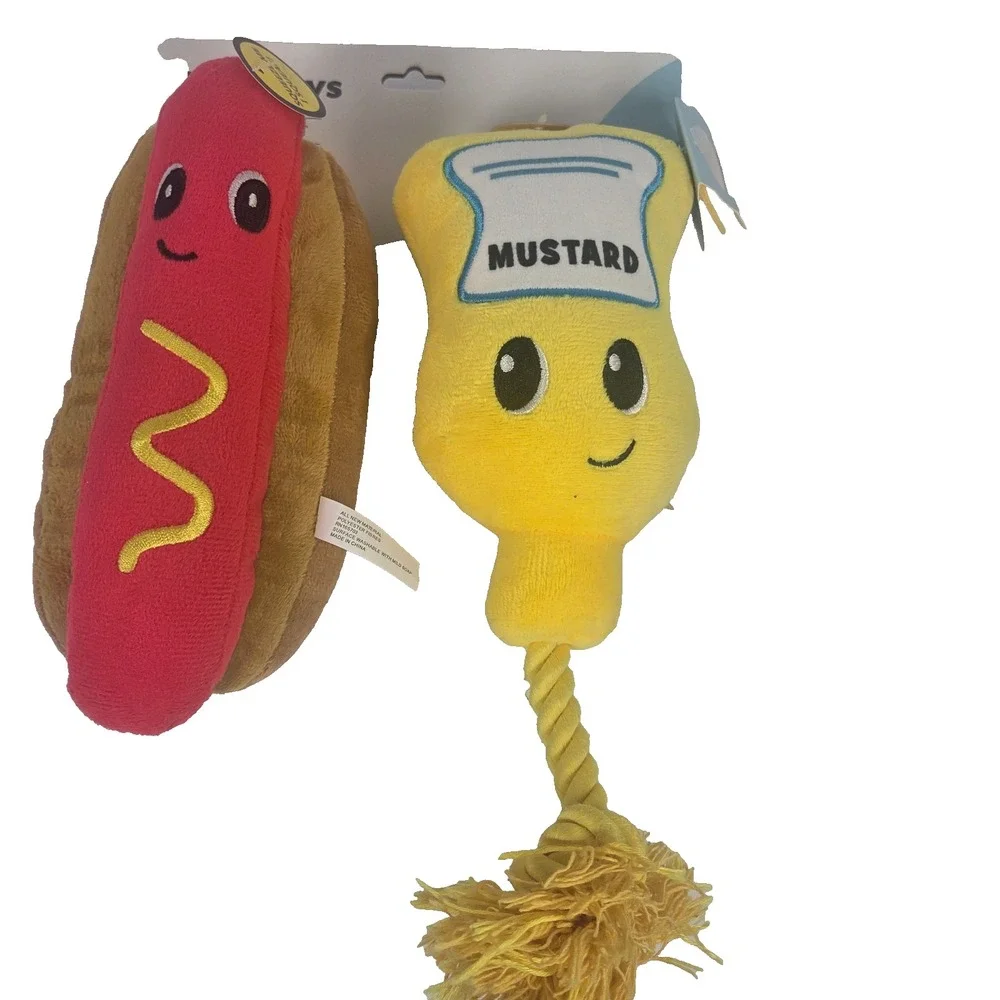 TUFF Toys Hot Dog Mustard Dog Toys 2 Piece Plush Squeaky Rope Toy Set New